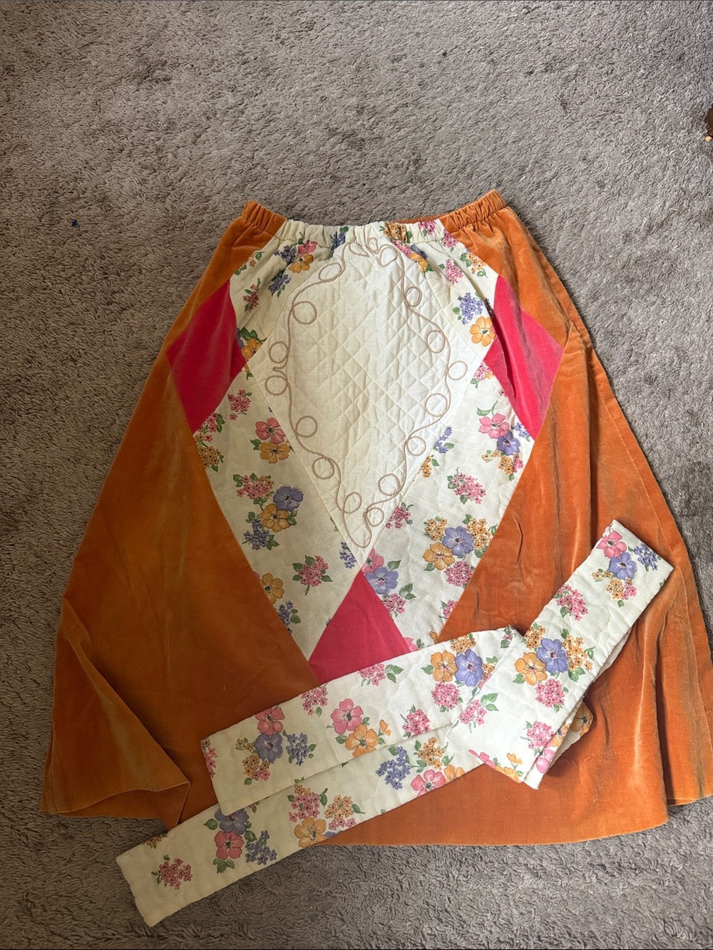 VTG Chessa Davis Folkloric Peasant Quilted Velvet Maxi Skirt 70s Boho Peddler LG